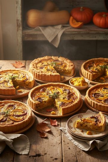 Assortiment de quiches et tartes salées à la courge sur une table en bois rustique, ambiance automnale chaleureuse