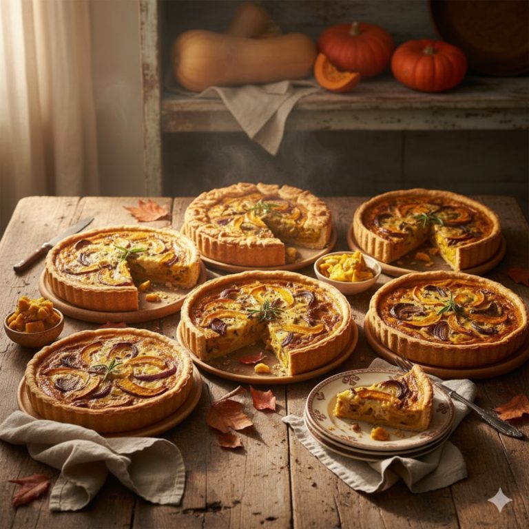 Assortiment de quiches et tartes salées à la courge sur une table en bois rustique, ambiance automnale chaleureuse
