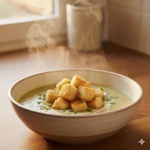 Bol de soupe poireaux-pommes de terre chaud, garni de croûtons et de persil frais, prêt à déguster