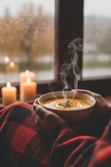 Bol de velouté de potimarron dégusté en automne