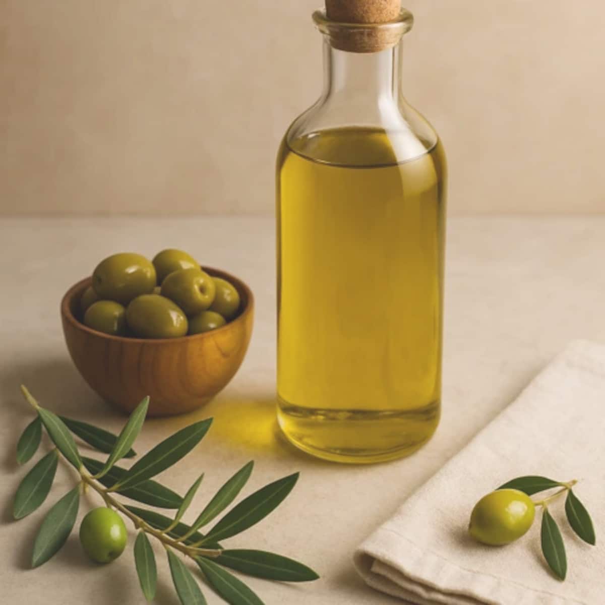 Bouteille d’huile d’olive stockée à l’abri de la lumière dans une cuisine rustique en bois