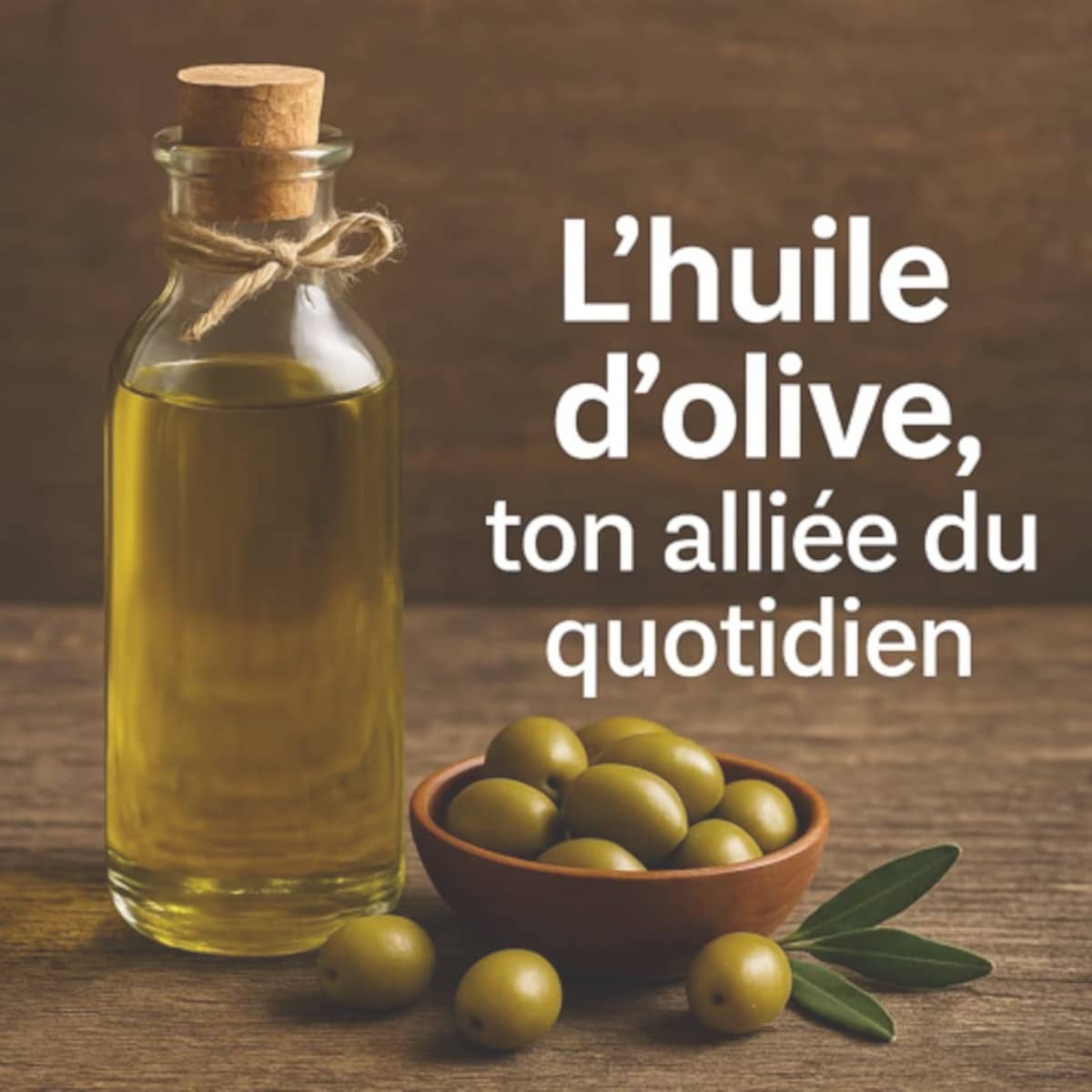 Composition bien-être avec huile d’olive, rameau d’olivier et cœur stylisé sur fond naturel