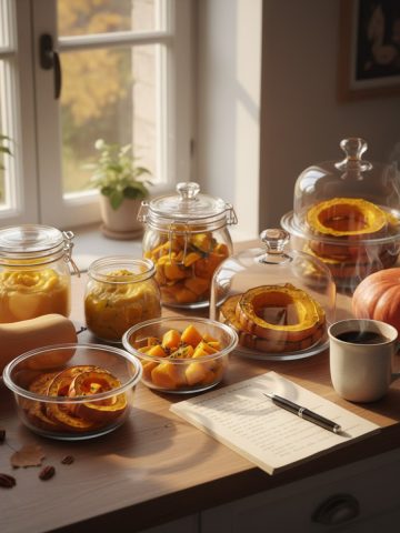 Contenants de batch cooking à base de courges sur un plan de travail en cuisine