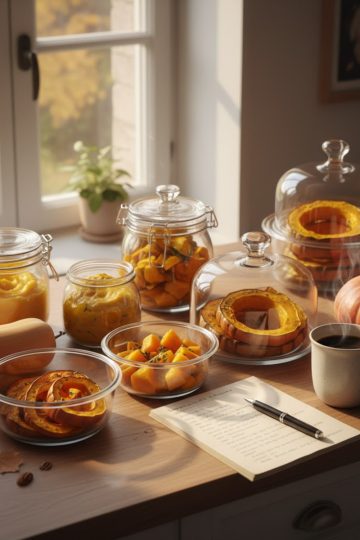 Contenants de batch cooking à base de courges sur un plan de travail en cuisine