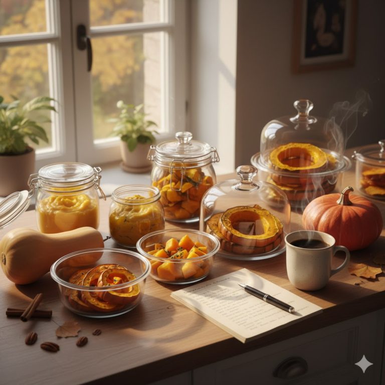 Contenants de batch cooking à base de courges sur un plan de travail en cuisine