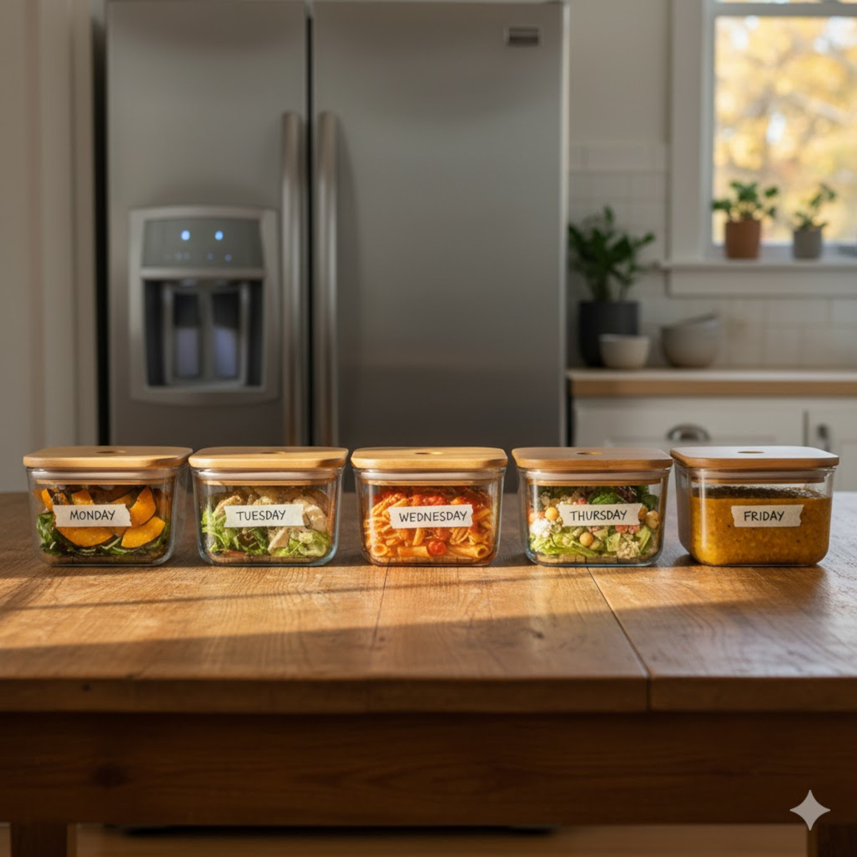 Contenants de batch cooking étiquetés pour la semaine