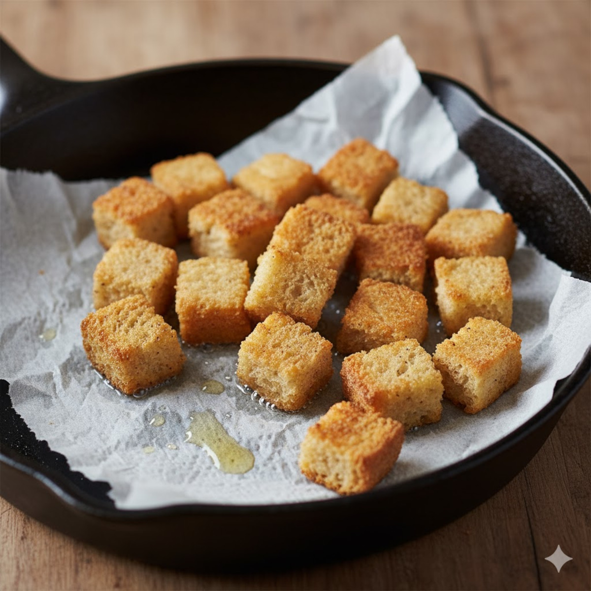 Croûtons dorés à la poêle, croustillants, égouttés sur papier absorbant avec une pincée de sel