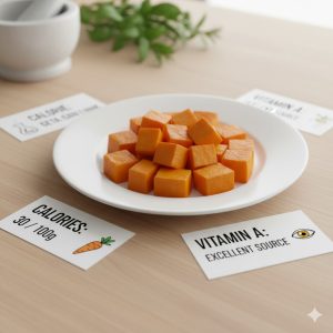 Cubes de potimarron et étiquettes nutritionnelles illustrées