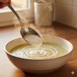 Cuillère de crème fraîche versée dans la soupe chaude pour apporter brillance et onctuosité