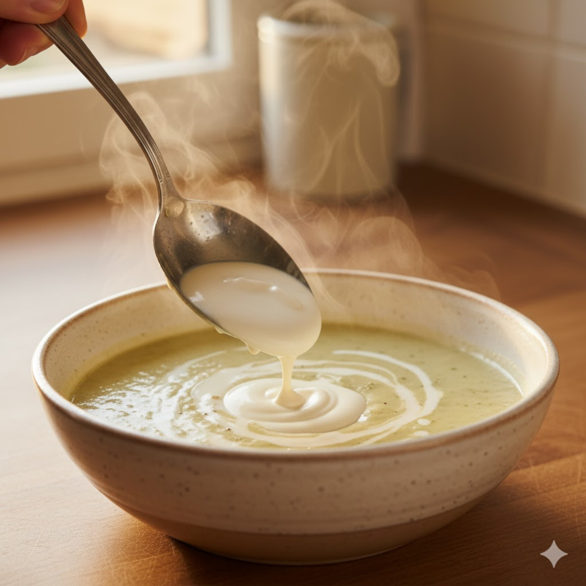 Cuillère de crème fraîche versée dans la soupe chaude pour apporter brillance et onctuosité