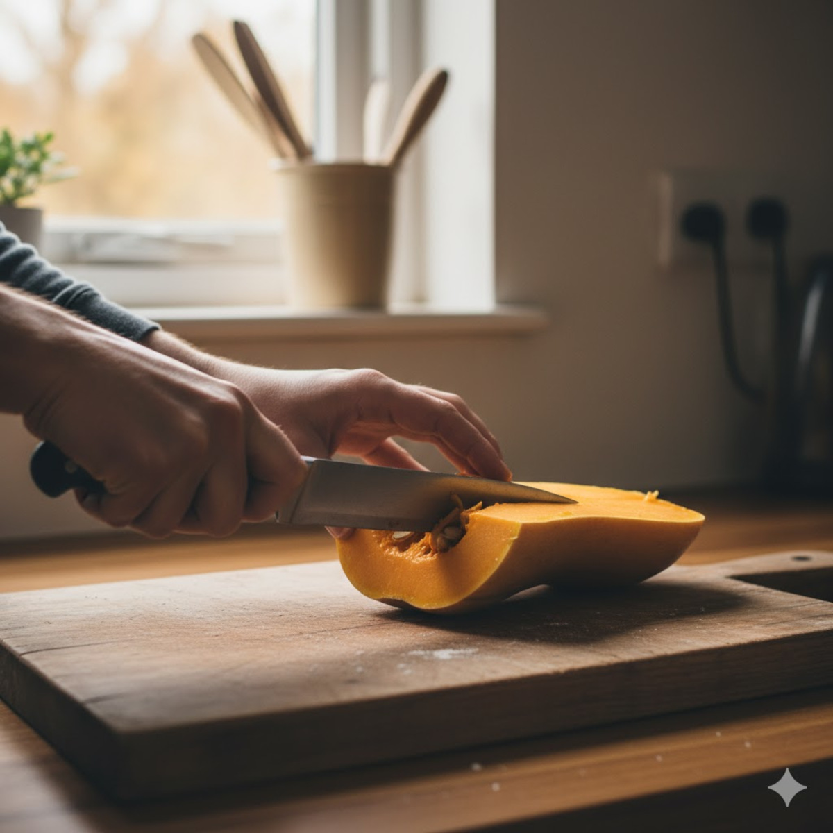 Découpe d’une courge butternut sur une planche en bois