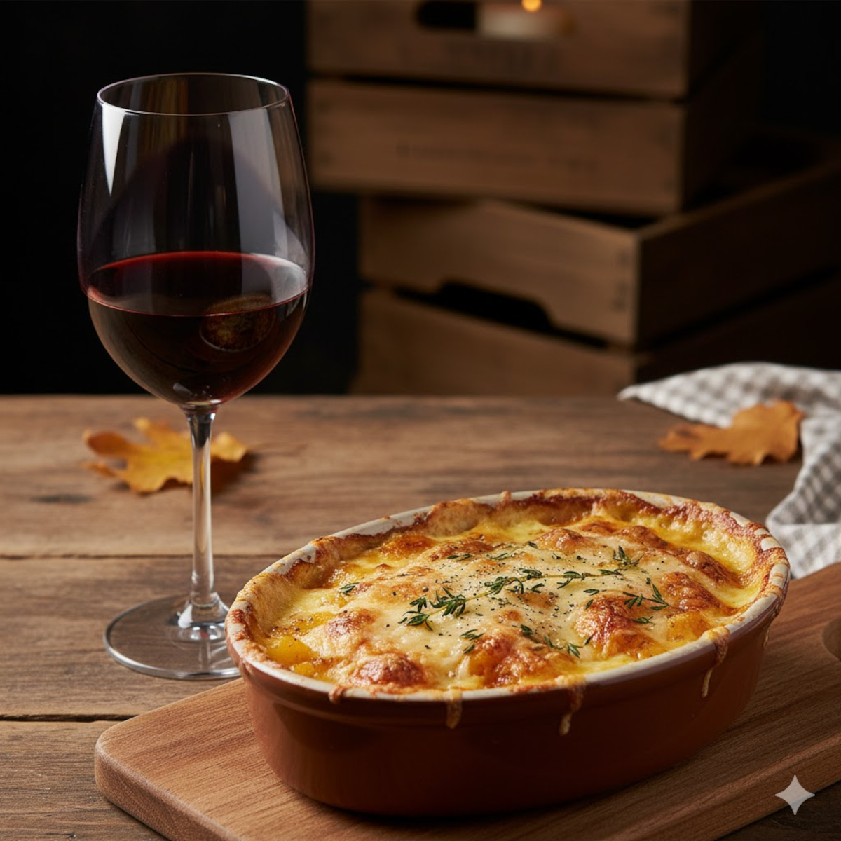 Gratin de butternut servi avec un vin rouge léger