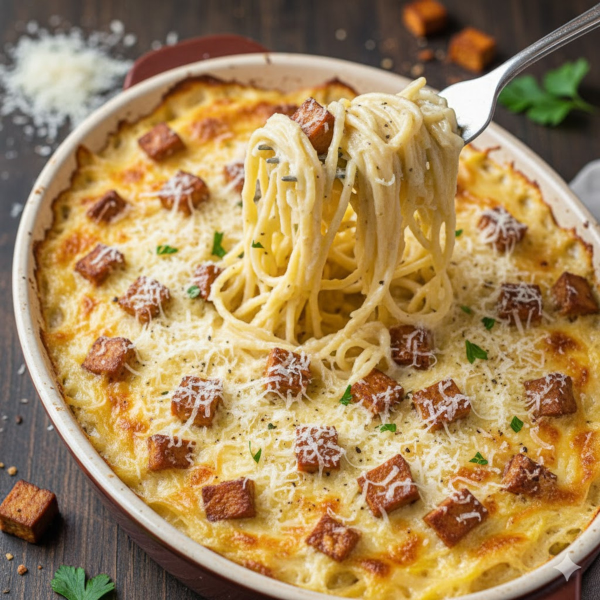 Gratin de courge spaghetti carbonara végétale et fondante