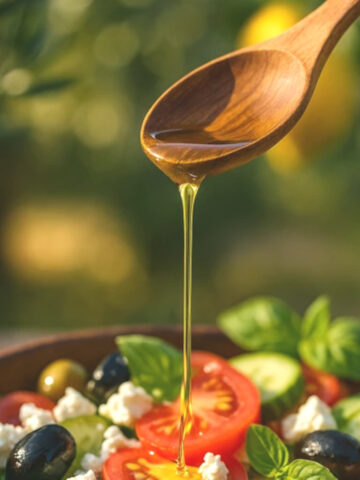 Huile d'olive extra vierge versée sur une salade méditerranéenne, lumière dorée naturelle en cuisine