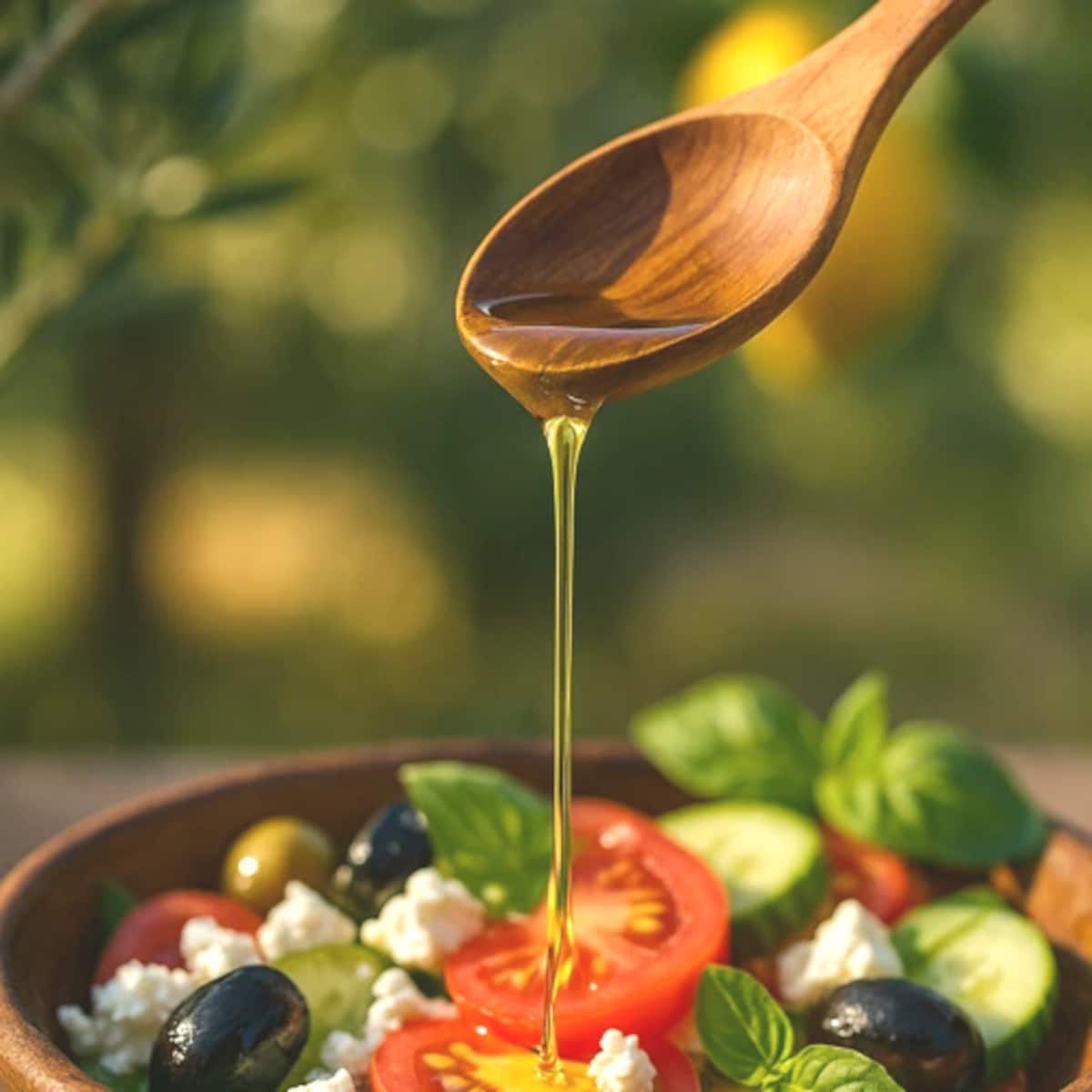 Huile d’olive extra vierge versée sur une salade méditerranéenne, lumière dorée naturelle en cuisine