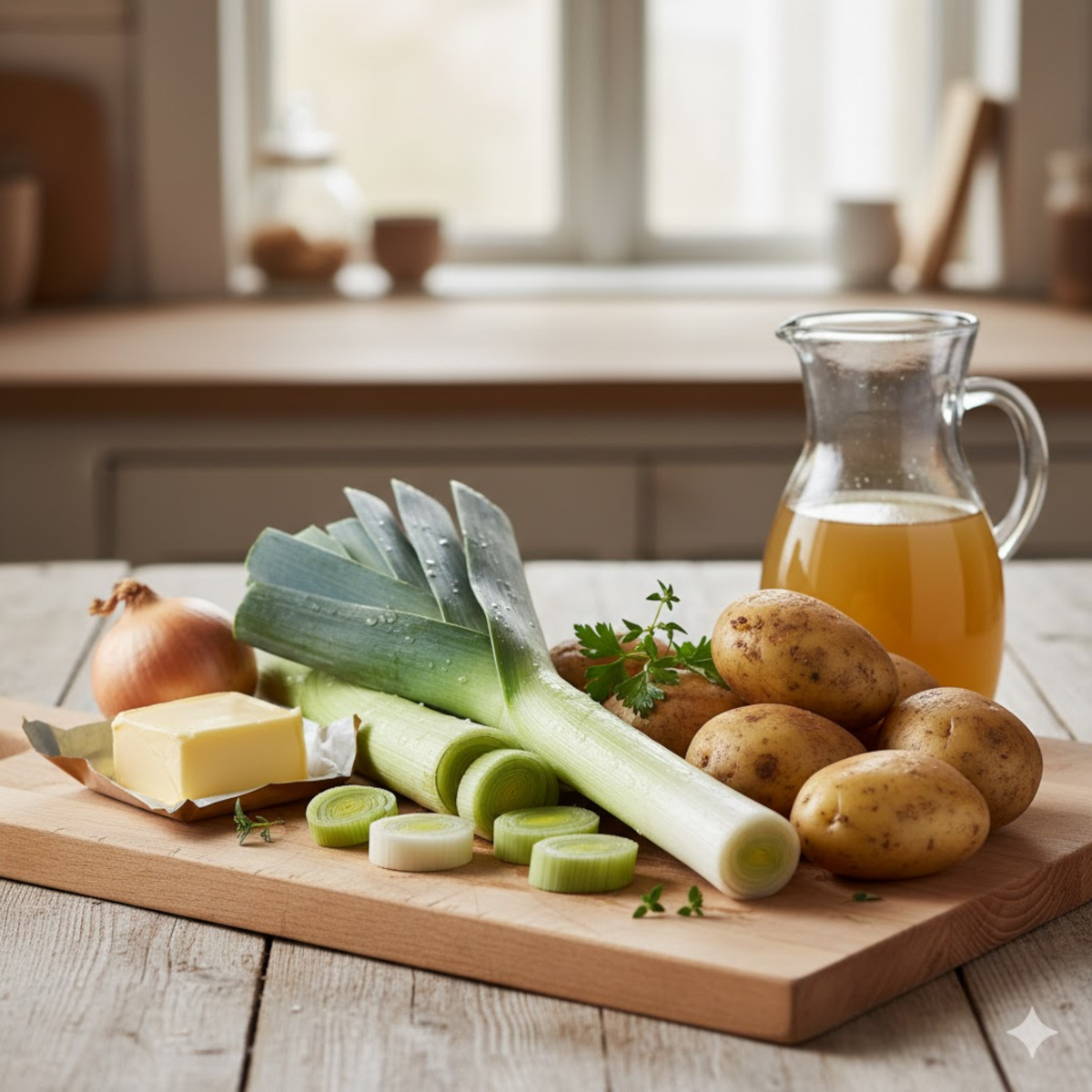 Ingrédients frais pour soupe poireaux-pommes de terre : poireaux, pommes de terre, oignon, beurre et bouillon sur plan de bois clair