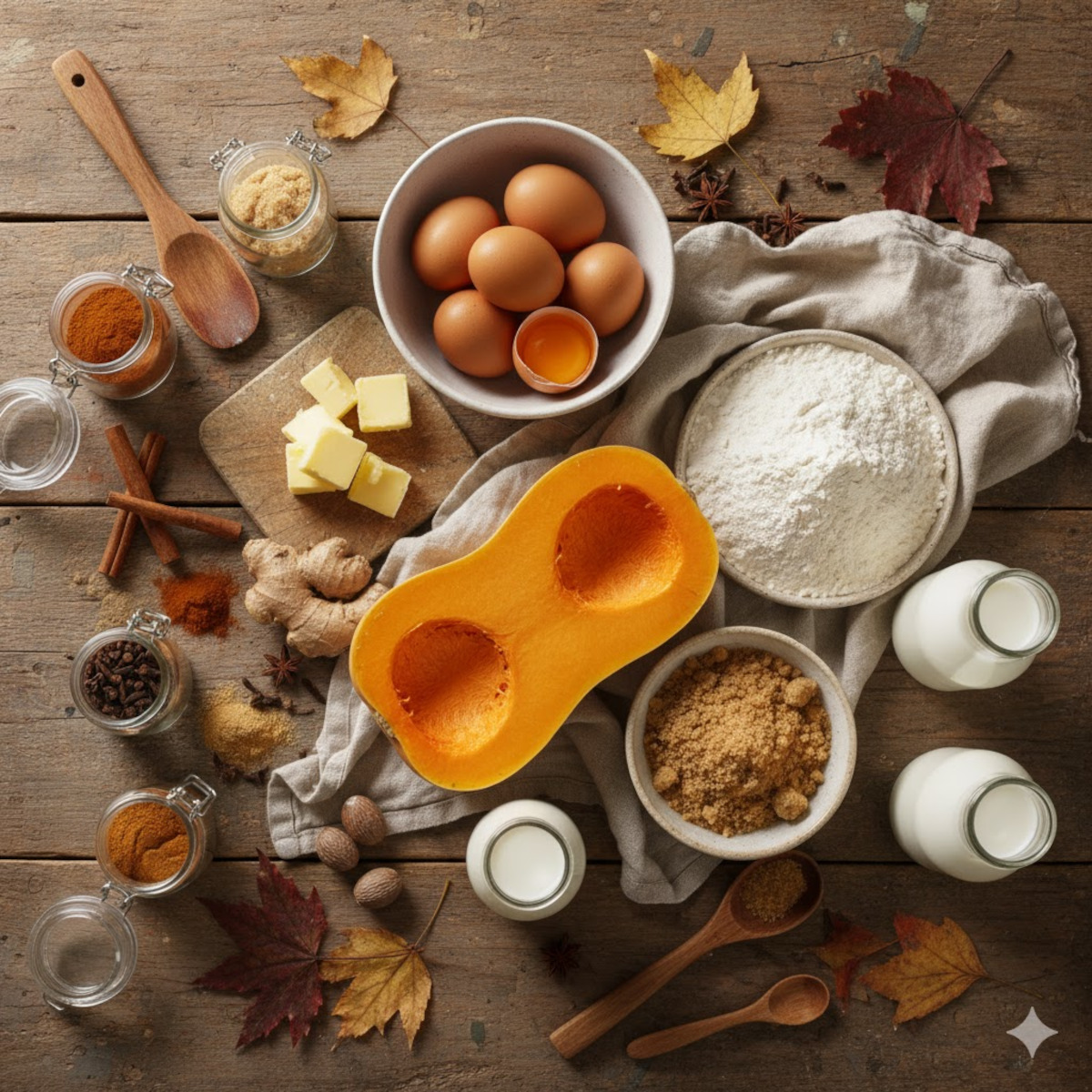 Ingrédients pour la pumpkin pie : courge, œufs, farine, beurre, sucre brun et épices d’automne