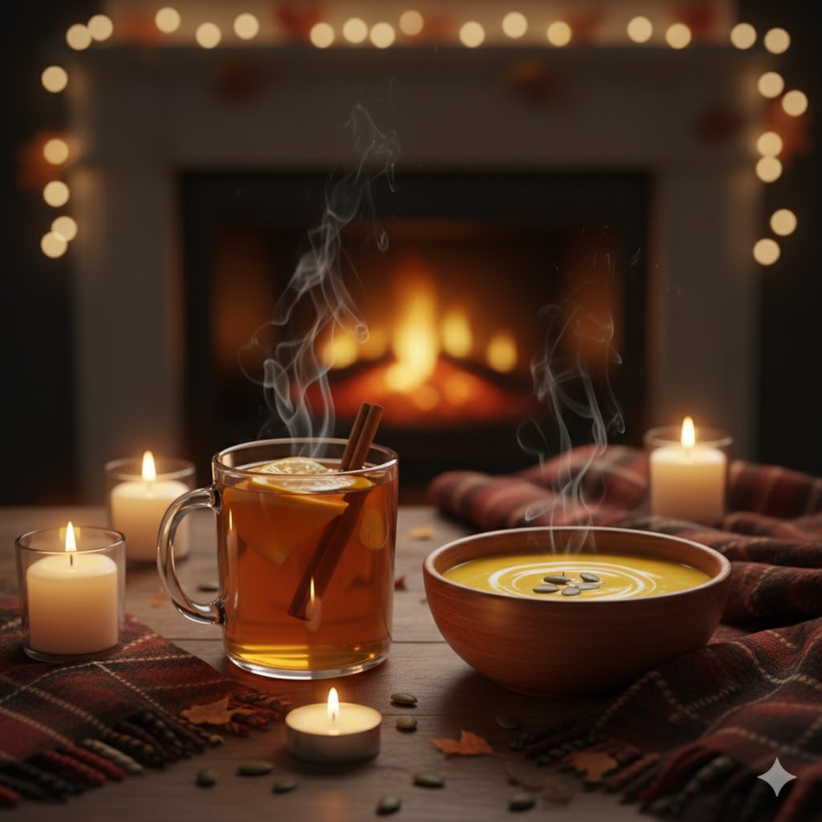 Jus de pomme épicé servi avec une soupe de courge