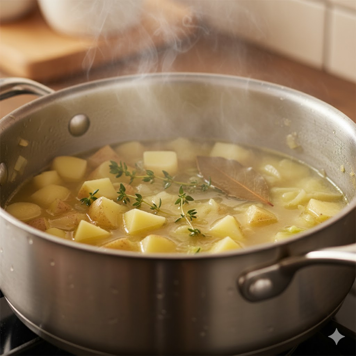 Légumes mijotant dans un bouillon clair avec laurier et thym dans une grande casserole en inox