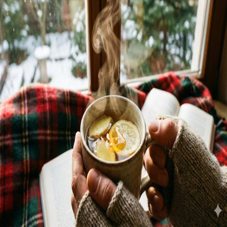 Mains tenant une tasse fumante d’infusion gingembre citron miel, ambiance hivernale réconfortante