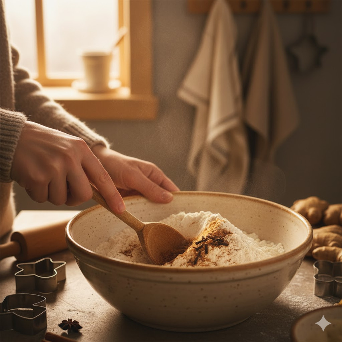 Mélange des épices et de la farine dans un grand saladier – préparation biscuits pain d’épices
