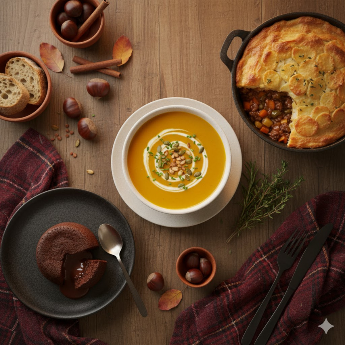 Menu comfort food automne-hiver : velouté de courge, hachis parmentier maison, moelleux au chocolat