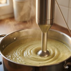 Mixeur plongeant dans la soupe chaude créant un velouté onctueux dans la casserole