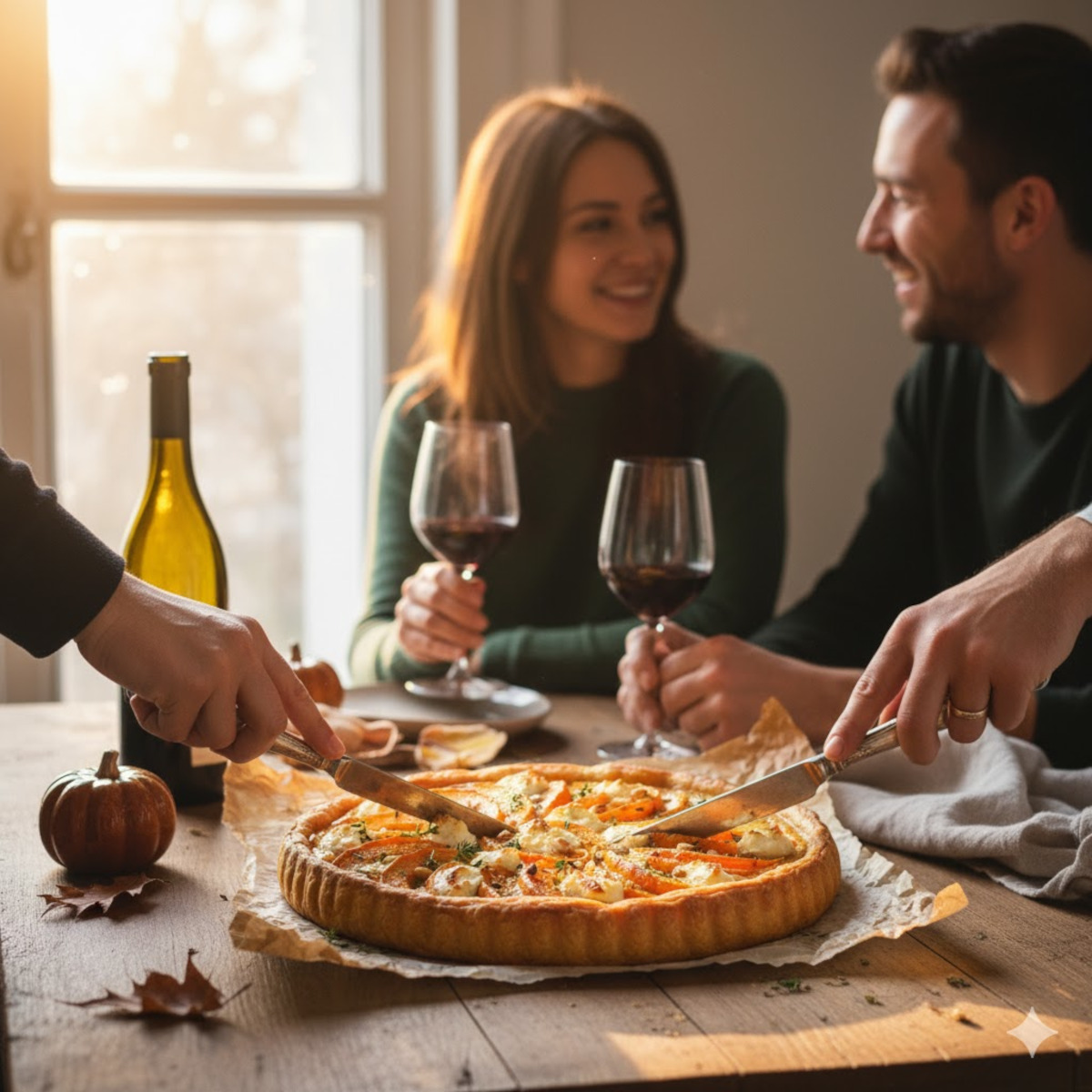 Moment convivial autour d’une quiche à la courge partagée, ambiance chaleureuse et familiale