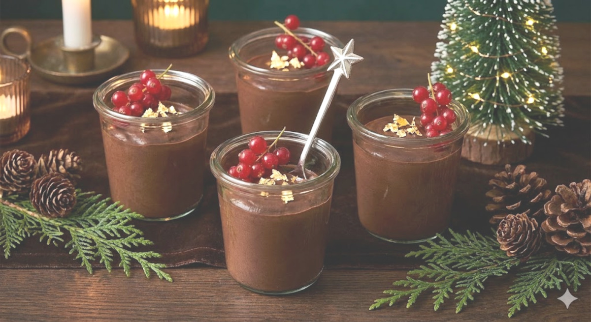 Mousse au chocolat onctueuse en verrine avec décor de Noël