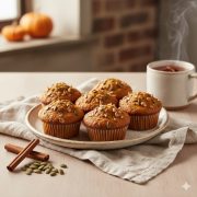 Muffins à la courge dorés et moelleux dressés dans une assiette rustique, décorés de graines et accompagnés d'un thé épicé