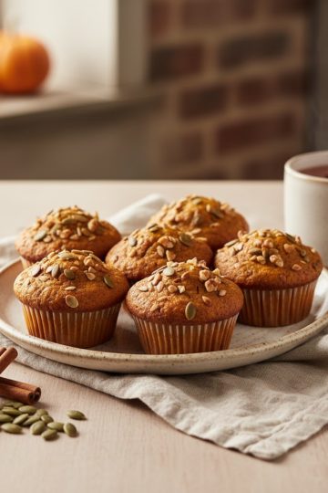 Muffins à la courge dorés et moelleux dressés dans une assiette rustique, décorés de graines et accompagnés d’un thé épicé