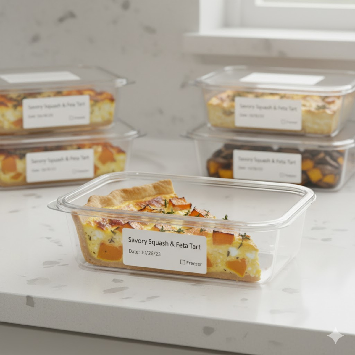 Part de tarte salée à la courge emballée pour congélation ou placée dans un contenant hermétique au réfrigérateur