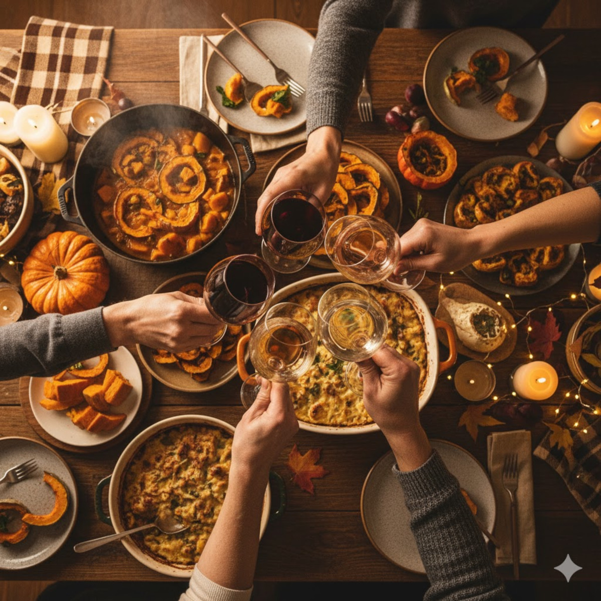Partage d’un repas autour d’un plat de courge et de vin
