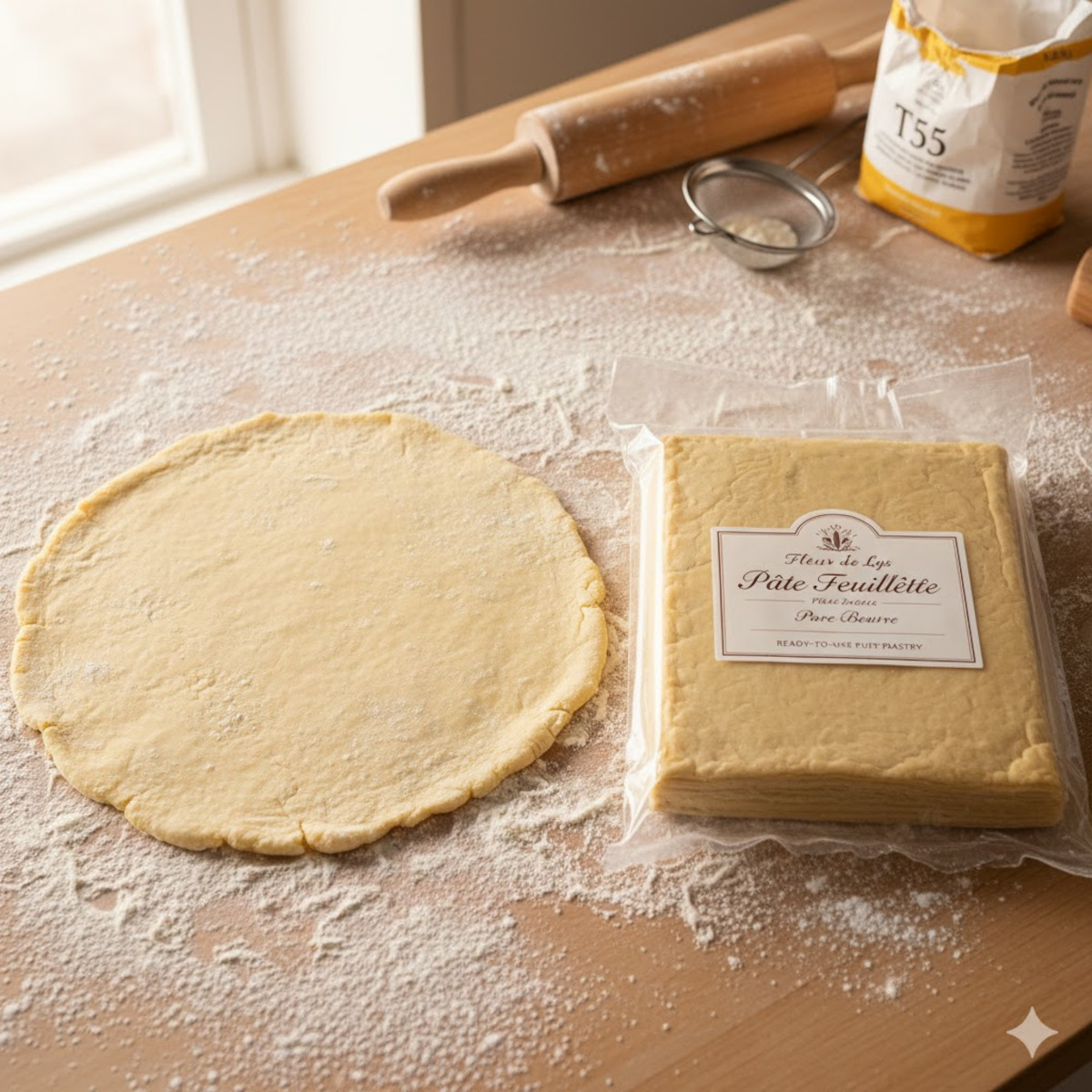 Pâte brisée maison étalée au rouleau et pâte industrielle roulée dans son emballage, sur un plan de travail fariné
