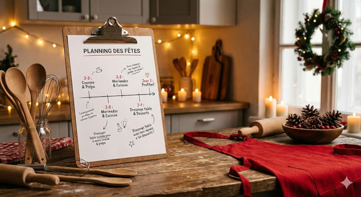 Planning de préparation du menu de Noël posé sur un plan de travail de cuisine festive