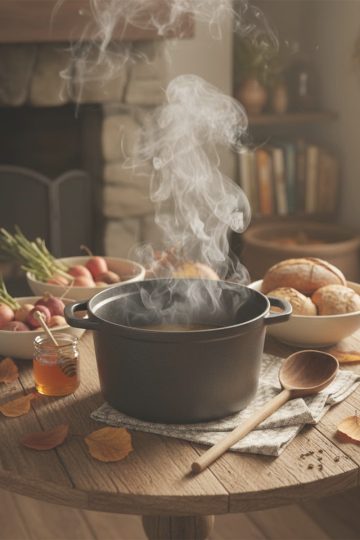 Plat mijoté d’automne fumant dans une cocotte en fonte sur une table rustique en bois