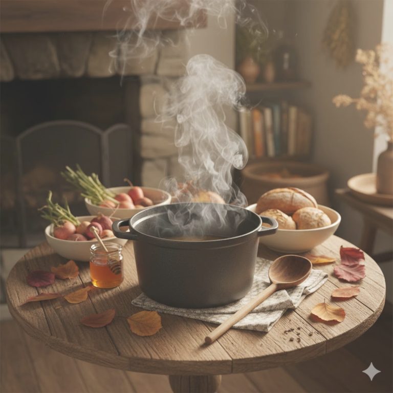 Plat mijoté d’automne fumant dans une cocotte en fonte sur une table rustique en bois