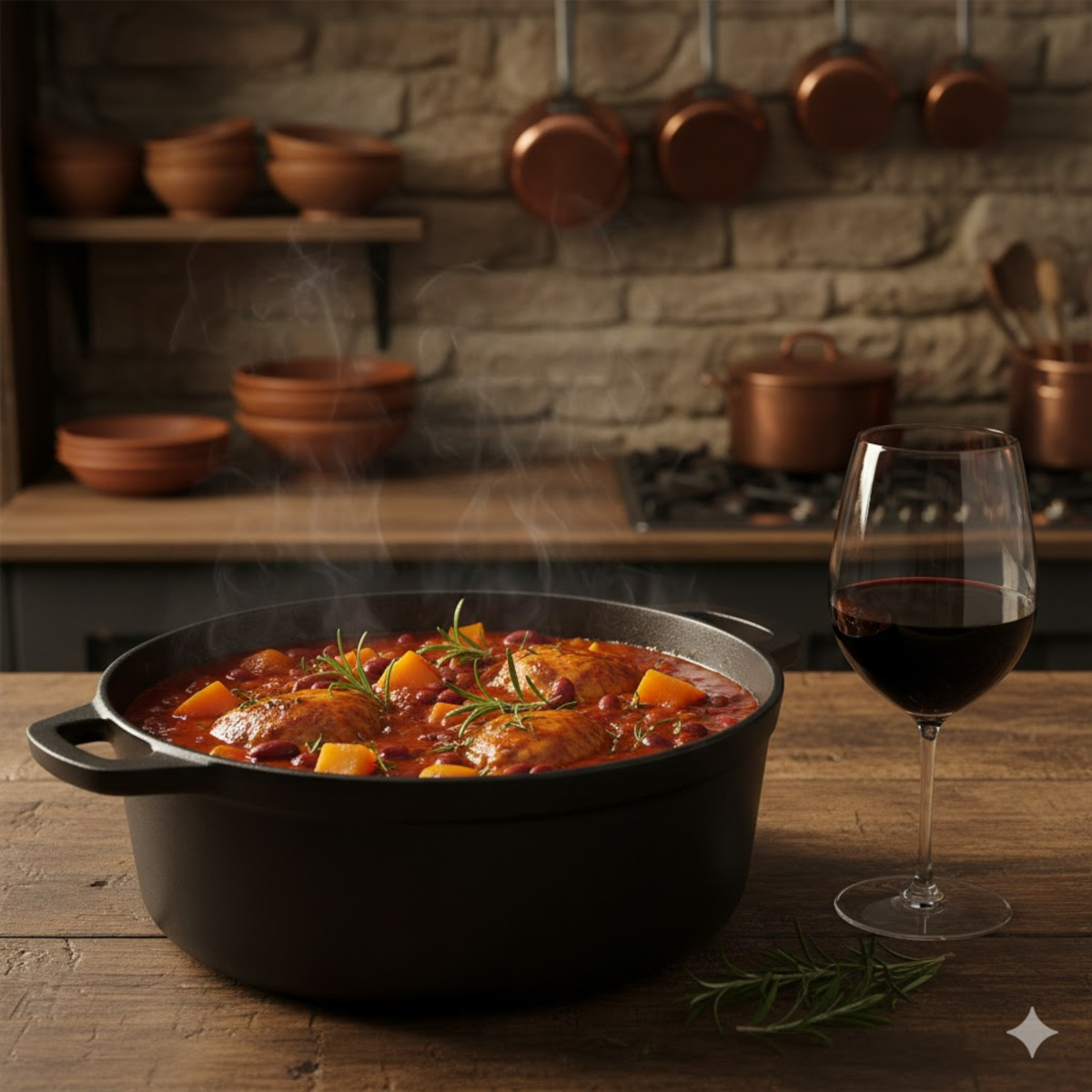 Plat mijoté de courge et verre de Cahors