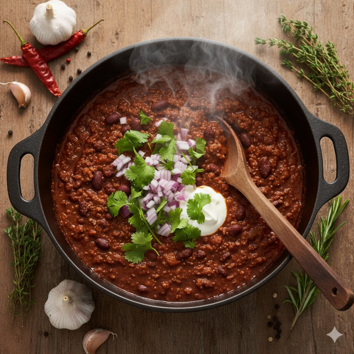 Plat mijoté réconfortant pour l’automne : chili con carne maison dans une cocotte en fonte