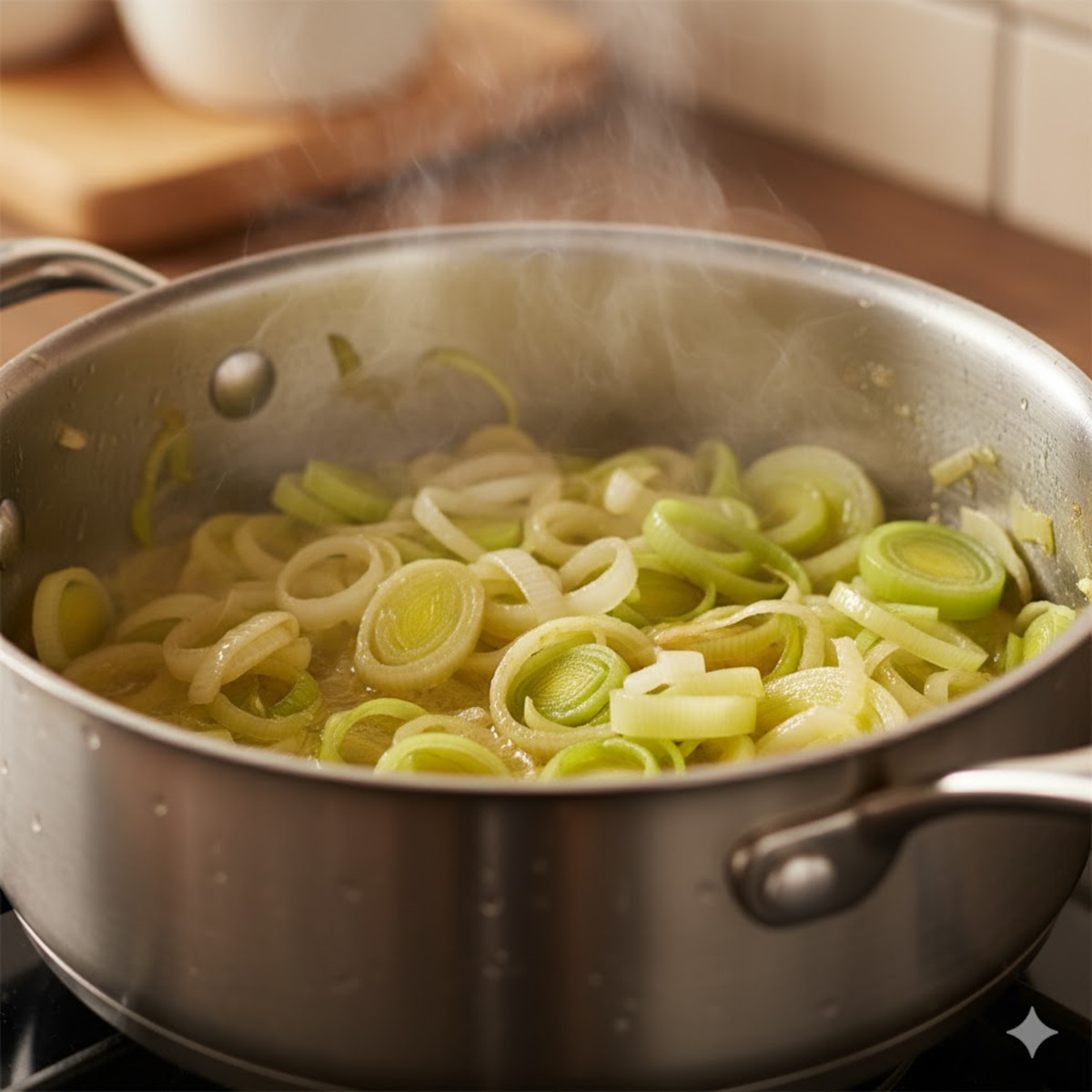 Poireaux en tronçons fondant doucement dans du beurre mousseux dans une casserole à feu doux