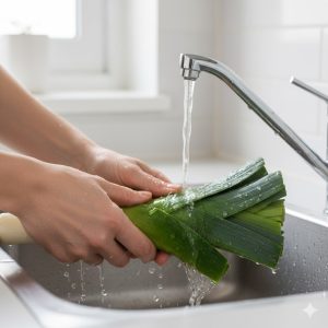 Poireaux fendus et lavés sous l'eau froide dans un évier de cuisine, main féminine en train de les rincer soigneusement