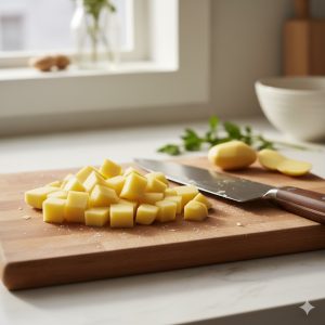 Pommes de terre épluchées et coupées en cubes réguliers sur une planche de bois avec un couteau de cuisinejpg