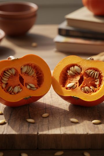 Potimarron coupé en deux sur planche rustique, chair orange vive