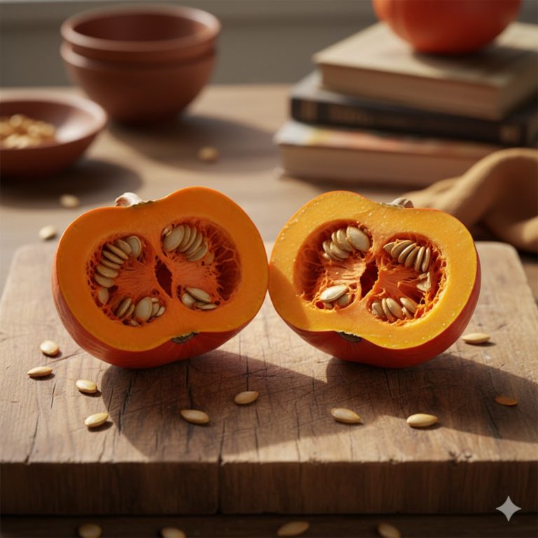 Potimarron coupé en deux sur planche rustique, chair orange vive