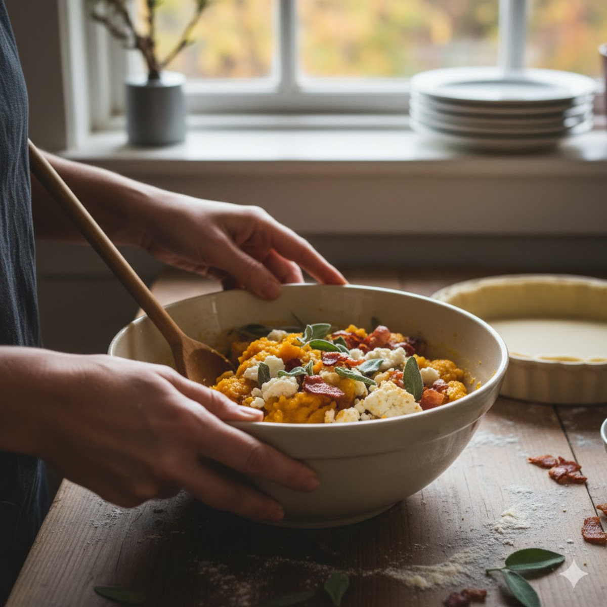 Préparation de la garniture d’une quiche à la courge
