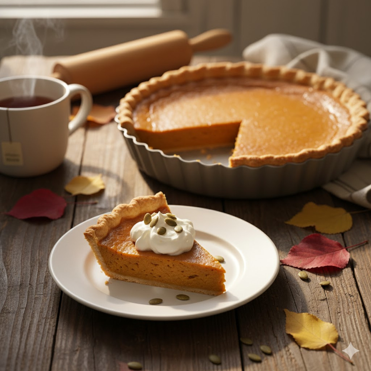 Pumpkin pie américaine dorée et fondante servie avec crème fouettée
