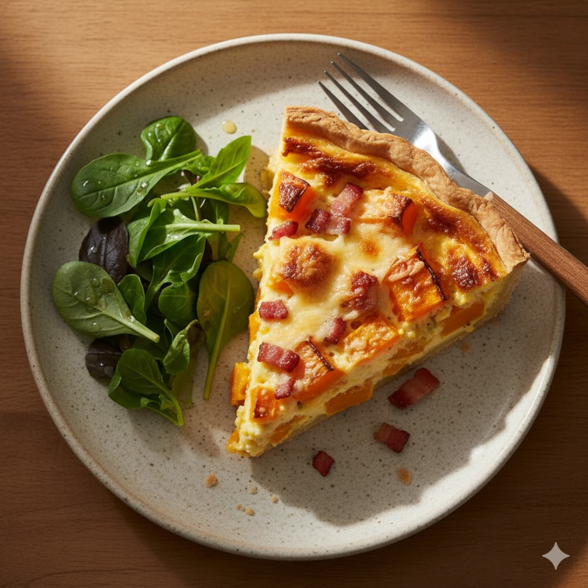 Quiche au potimarron, bacon grillé et comté fondant, servie chaude avec salade verte