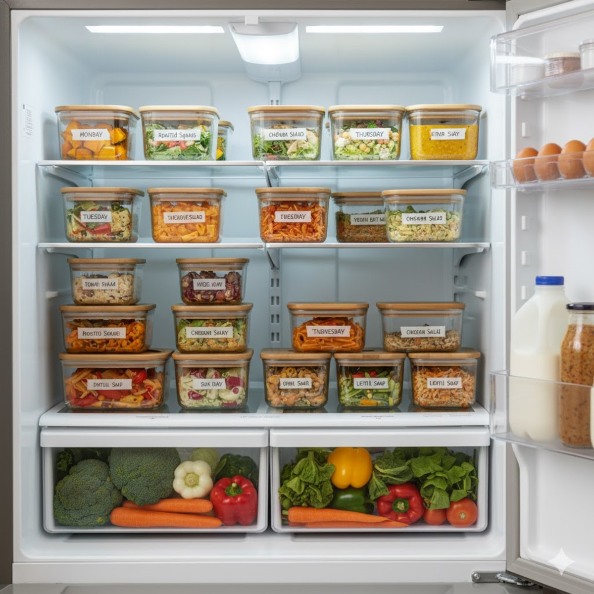 Rangement de batch cooking en boîtes étiquetées dans le réfrigérateurjpg