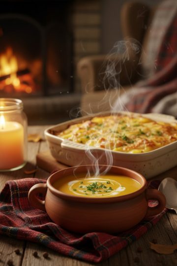 Recettes comfort food automne-hiver dans une ambiance chaleureuse avec soupe fumante, gratin maison et décoration cocooning