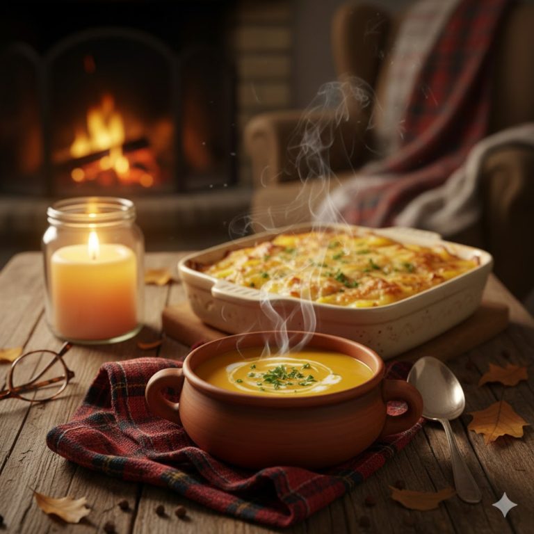 Recettes comfort food automne-hiver dans une ambiance chaleureuse avec soupe fumante, gratin maison et décoration cocooning